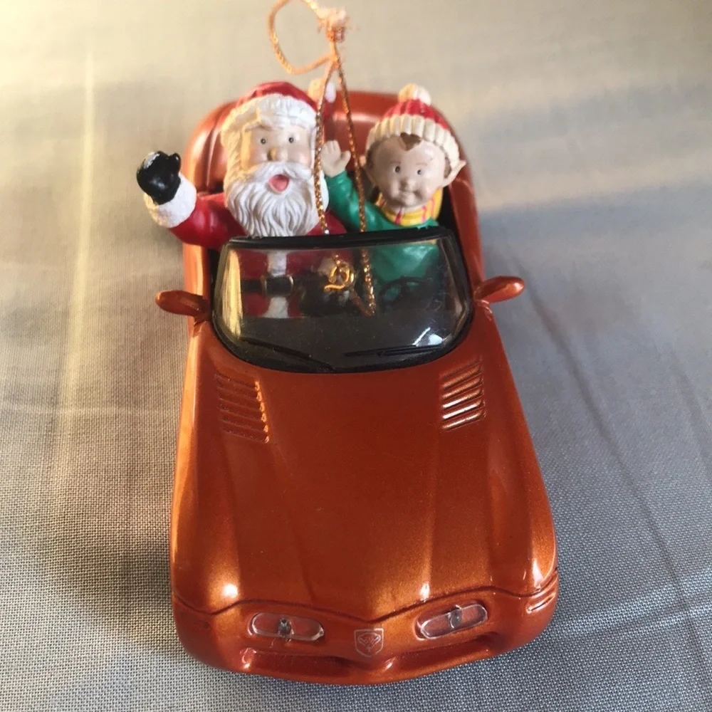 Vintage Maisto Dodge Orange convertible car Santa Claus & Elf Christmas ornament